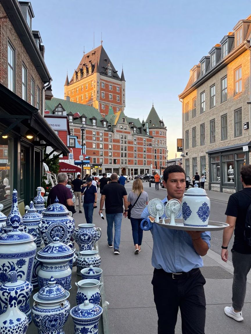 Busy Quebec City Late Afternoon Street Scene with Blue Porcelain Jar and Table Fans in in Quebec City, Quebec, Canada