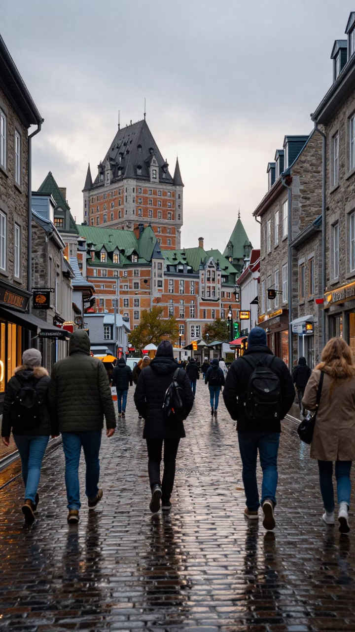 Busy Quebec City Late Afternoon Street Scene with Rain and River Light in in Quebec City, Quebec, Canada