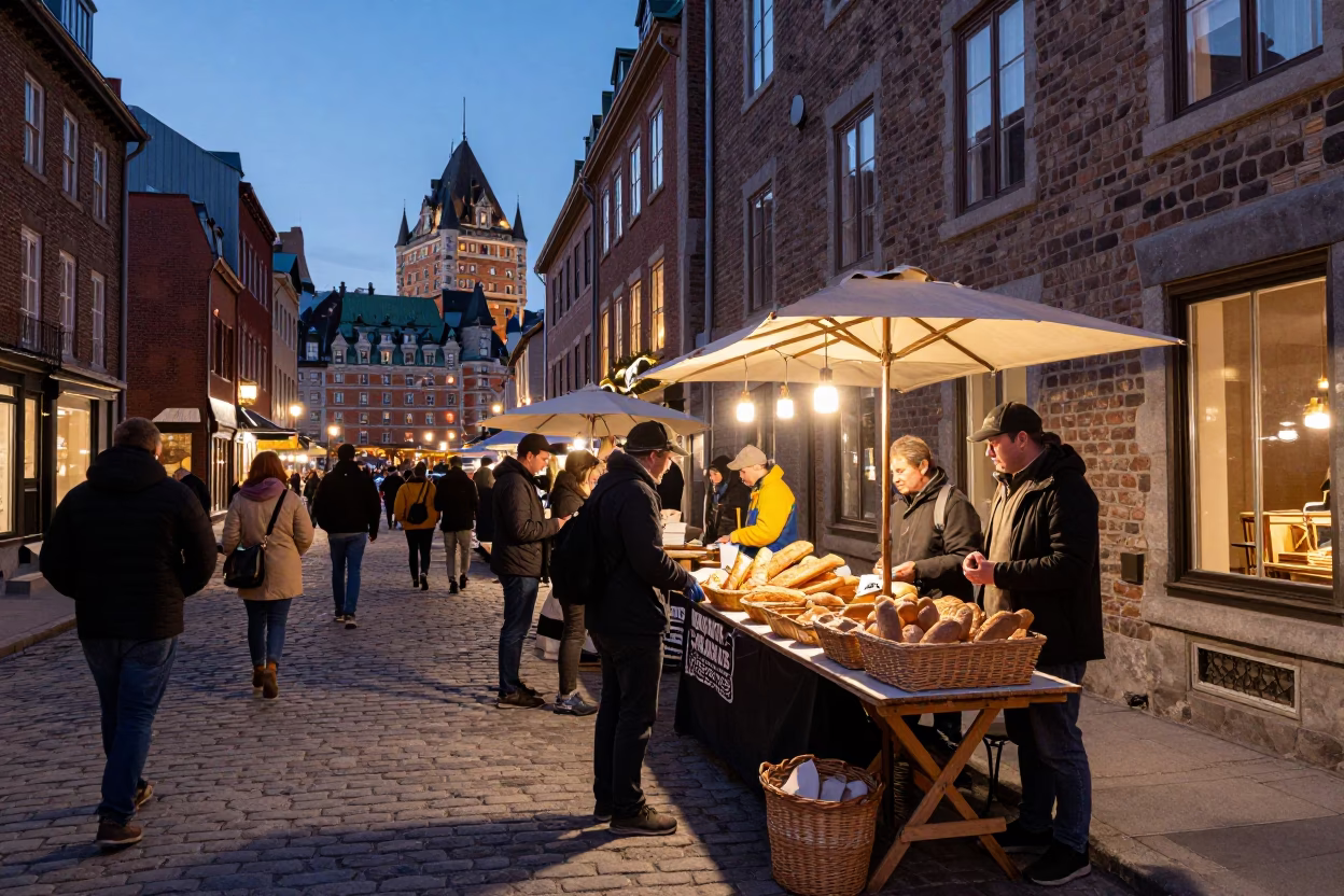 Busy Quebec City Old Port Dusk Street Scene with Brass Fixtures and Basket in in Quebec City, Quebec, Canada
