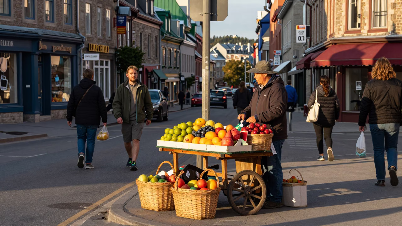 Busy Quebec City Street Corner Late Afternoon with Basket and Padlock in in Quebec City, Quebec, Canada