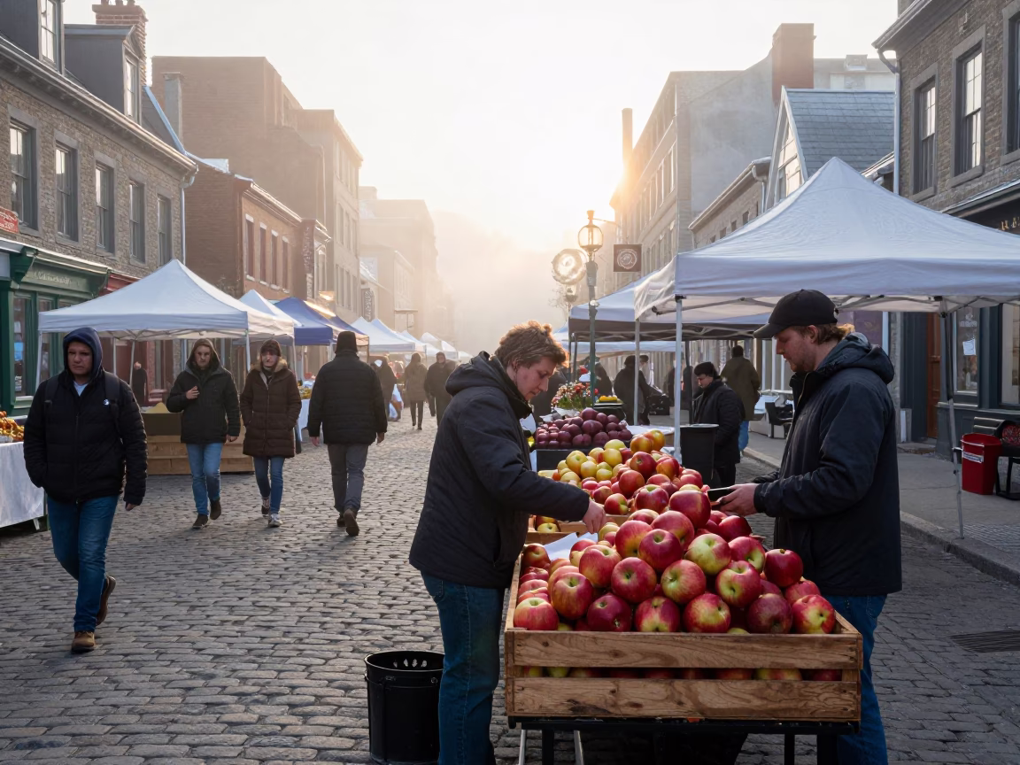 Busy Quebec City Street Market Morning with Workers and Local Produce in in Quebec City, Quebec, Canada
