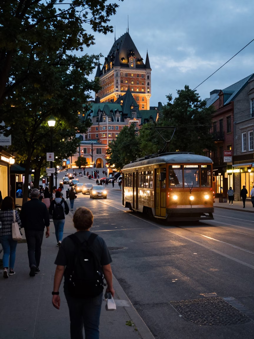 Busy Quebec City Street Scene at Dusk with Tramcar and Ceramic Mugs in in Quebec City, Quebec, Canada