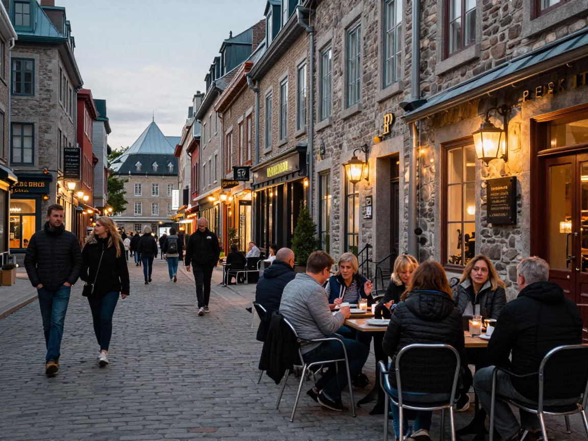 Busy Quebec City Street Scene at Early Evening with Local Dining and Historic Architecture in in Quebec City, Quebec, Canada
