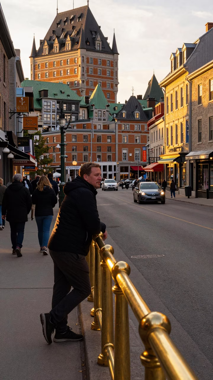 Busy Quebec City Street Scene at Sunset with Brass Rail and Houseplants in in Quebec City, Quebec, Canada