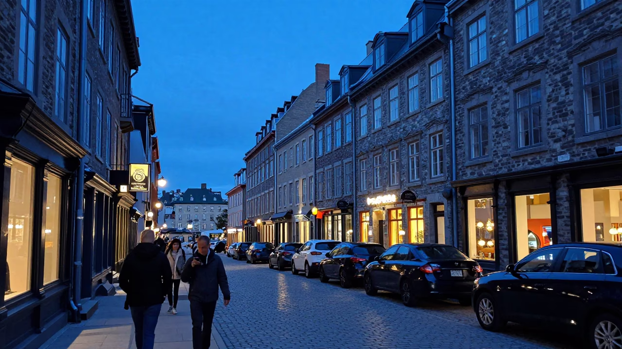 Busy Quebec City Street Scene in Evening Blue Light with Stone Architecture in in Quebec City, Quebec, Canada