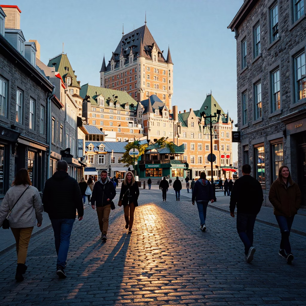 Busy Quebec City Street Scene in Late Afternoon Light with Local Details in in Quebec City, Quebec, Canada