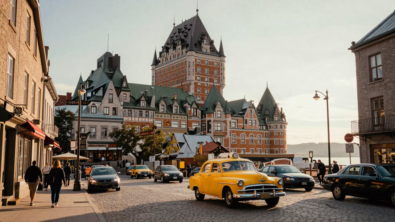 Busy Quebec City Street Scene Just After Sunrise with Vintage 1960s Atmosphere in in Quebec City, Quebec, Canada