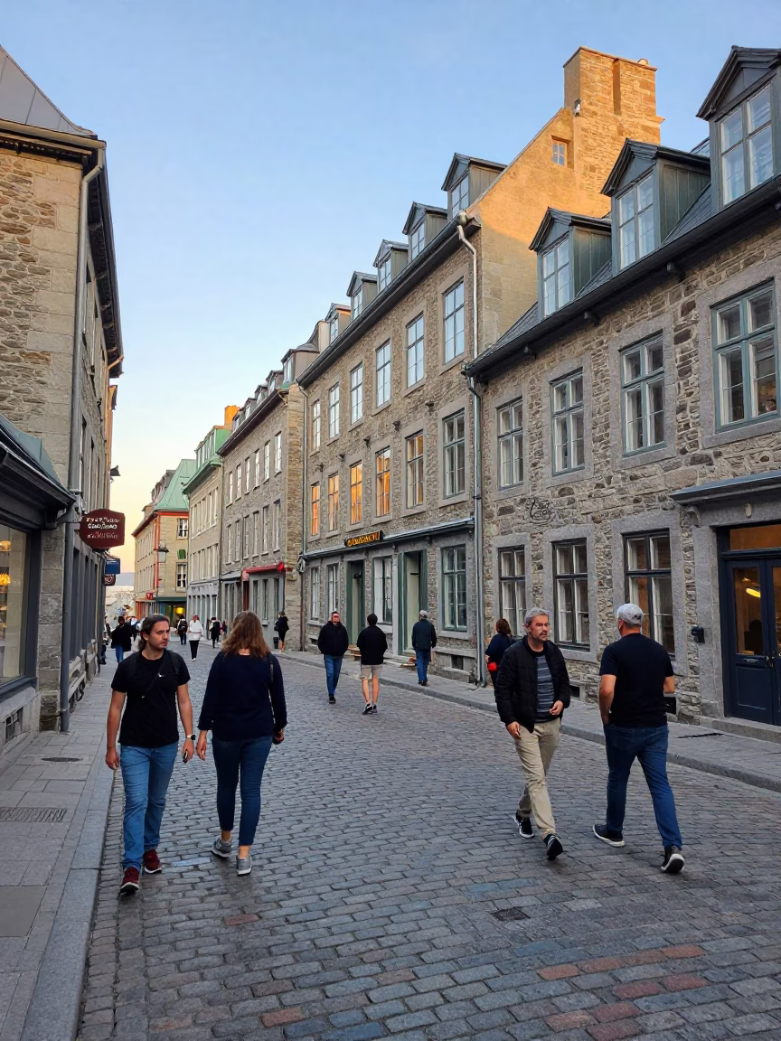 Busy Quebec City Street Scene Late Afternoon with Tourists and Historic Stone Architecture in in Quebec City, Quebec, Canada