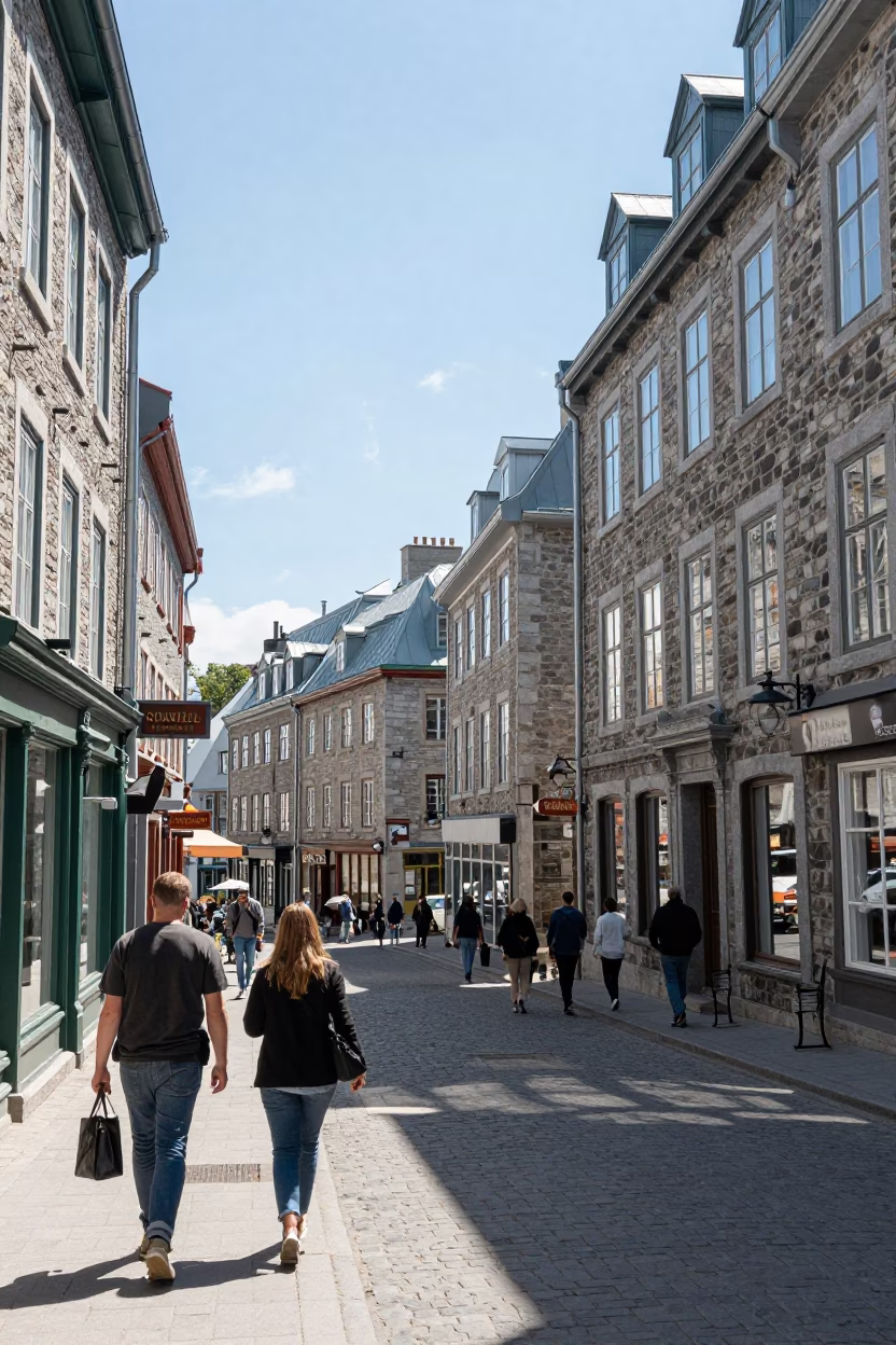Busy Quebec City Street Scene Under Flat Noon Glare with Padlock on Historic Stone in in Quebec City, Quebec, Canada