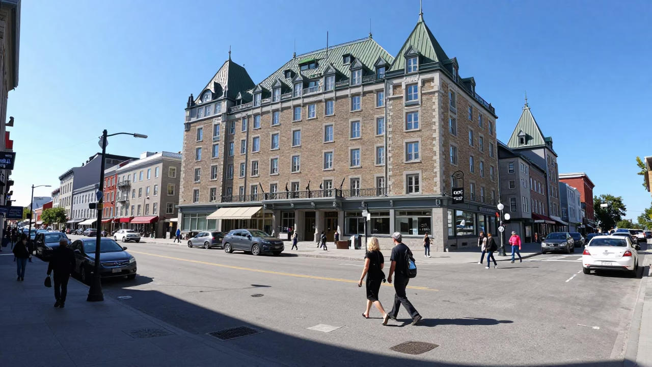 Busy Quebec City Street Scene with Art Deco Hotel Facade Under Noon Sun in in Quebec City, Quebec, Canada