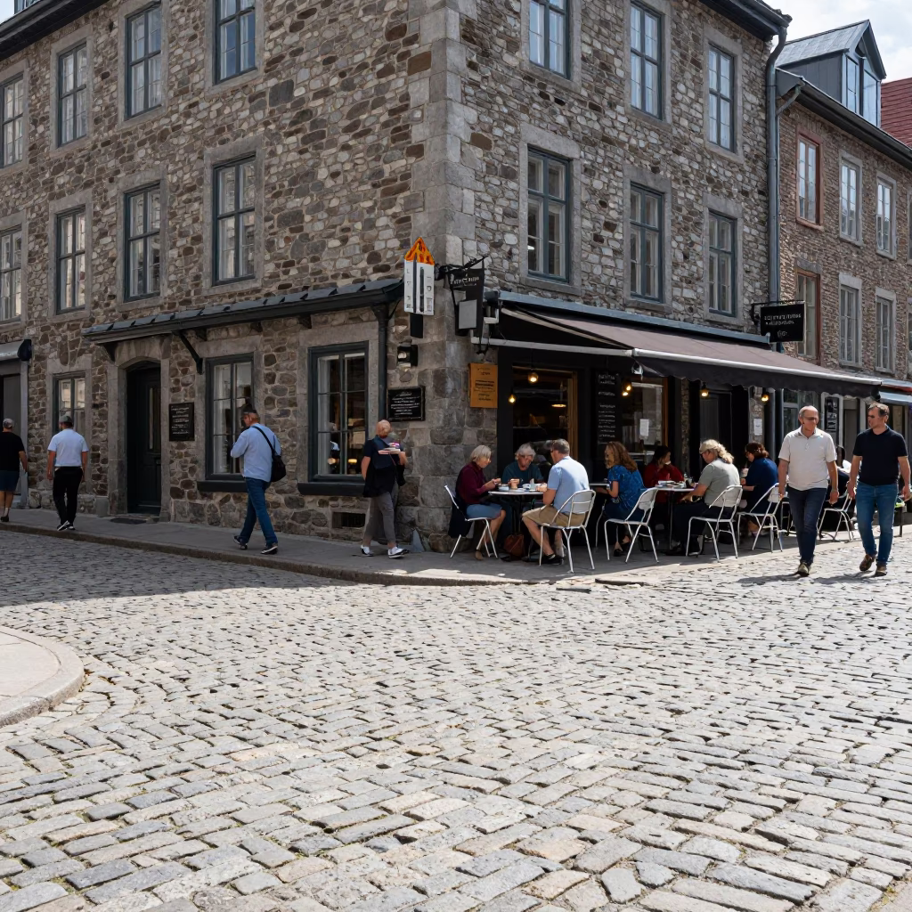 Busy Quebec City Street Scene with Cobblestones and Historic Stone Buildings in Midmorning Light in in Quebec City, Quebec, Canada