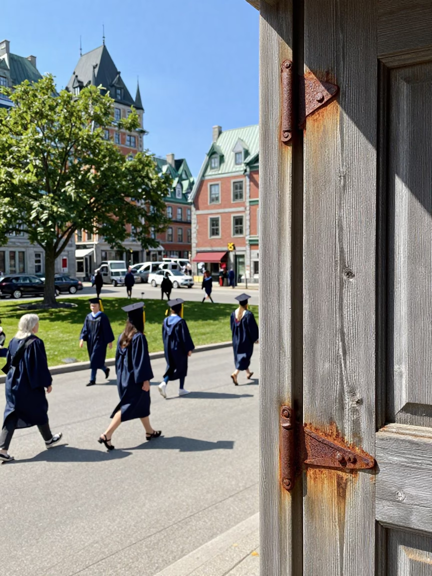 Busy Quebec City Street Scene with Rusty Hinges and Graduation Procession in in Quebec City, Quebec, Canada