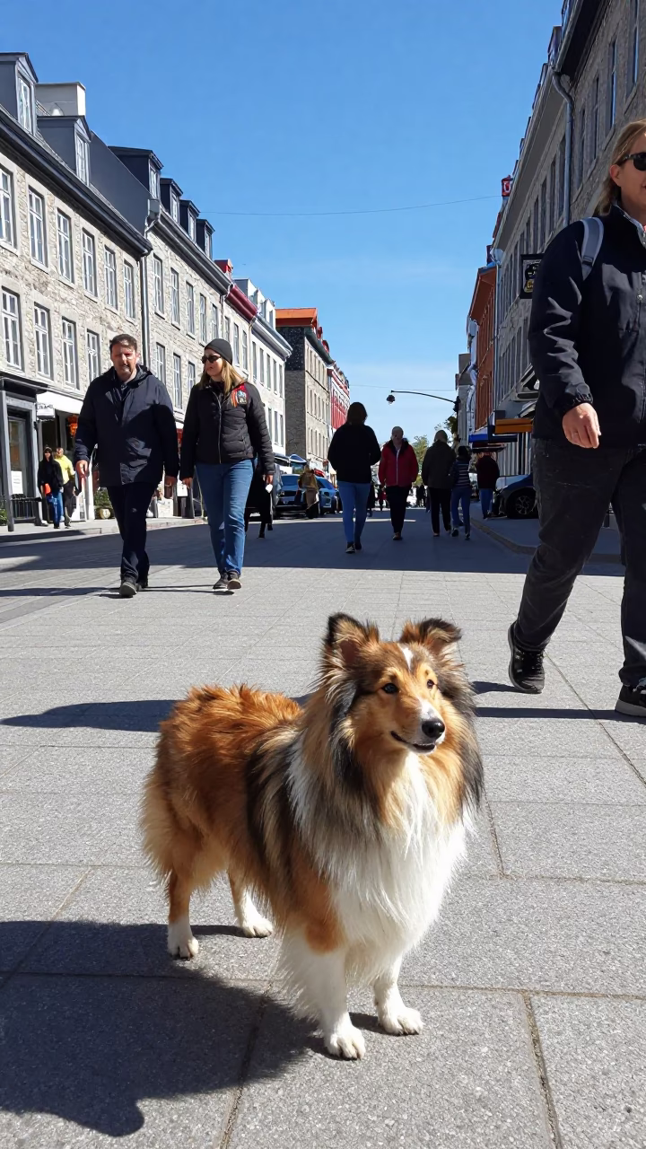 Busy Quebec City Street Scene with Shetland Sheepdog in Bright Midmorning Light in in Quebec City, Quebec, Canada