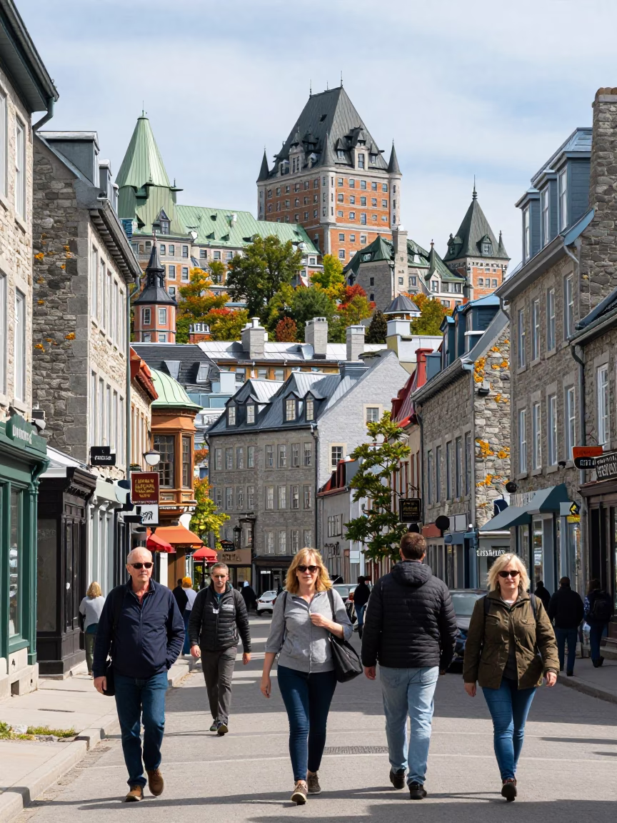 Busy Quebec City Street Scene with Stone Observatory and Lichen in Bright Midmorning Light in in Quebec City, Quebec, Canada
