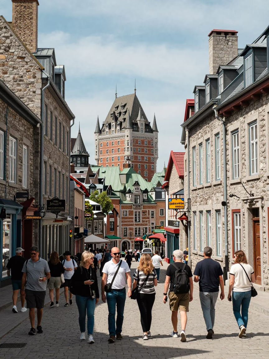 Busy Quebec City Street Scene with Tourists and Historic Architecture at Noon in in Quebec City, Quebec, Canada