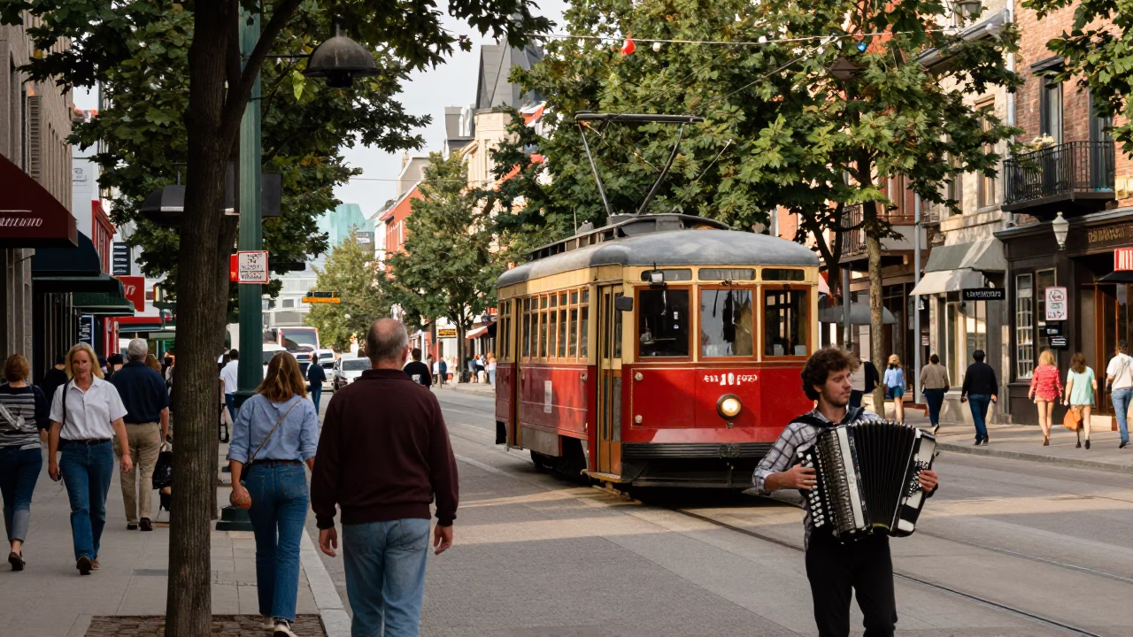 Busy Quebec City Street Scene with Tramcar and Accordion Player in Early Afternoon in in Quebec City, Quebec, Canada
