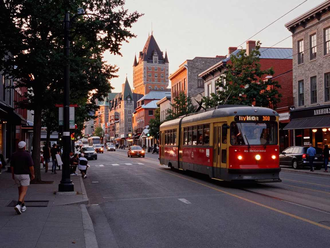 Busy Quebec City Sunset Street Scene with Tramcar and Urban Details in in Quebec City, Quebec, Canada