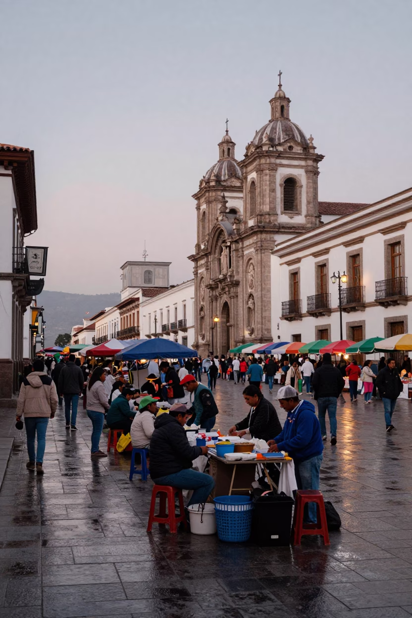 Busy Quito Ecuador Dawn Street Scene with Local Market Activity and Morning Light in in Quito, Ecuador