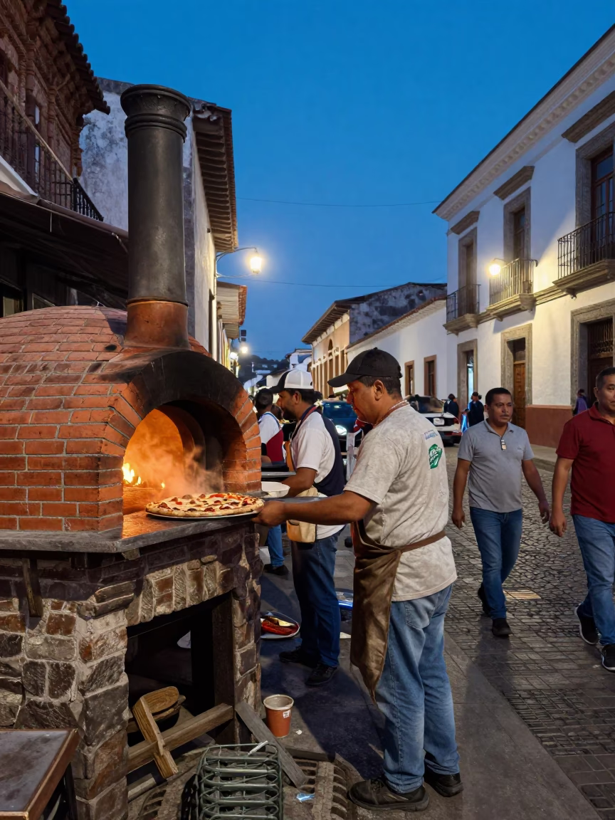 Busy Quito Ecuador Evening Street Scene with Brick Oven Pizza and Local Vendors in in Quito, Ecuador
