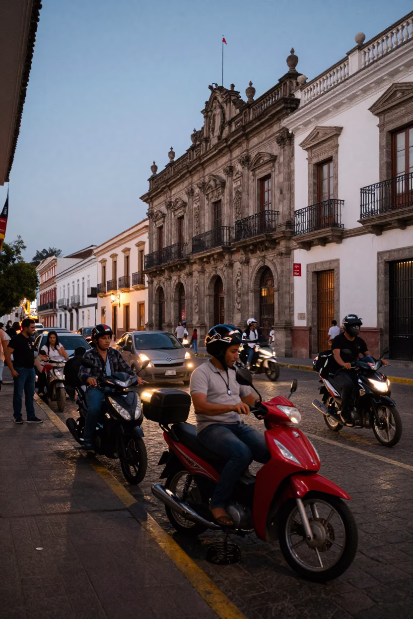 Busy Quito Ecuador Evening Street Scene with Motorcycle and Local Life in in Quito, Ecuador