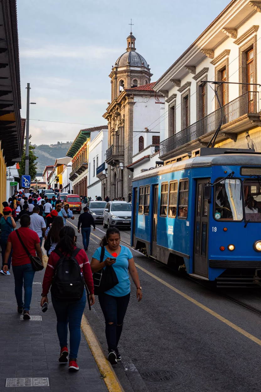 Busy Quito Ecuador Late Morning Street Scene with Tram and Urban Life in in Quito, Ecuador