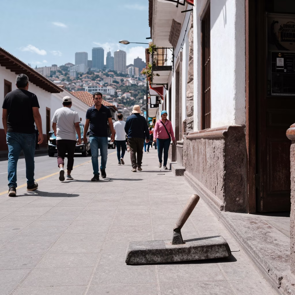 Busy Quito Ecuador Midday Street Scene with Boot Scraper and Local Pedestrians in in Quito, Ecuador