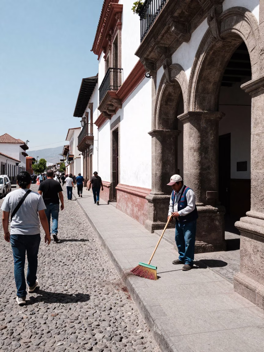 Busy Quito Ecuador Midday Street Scene with Local Vendor and Broom in in Quito, Ecuador