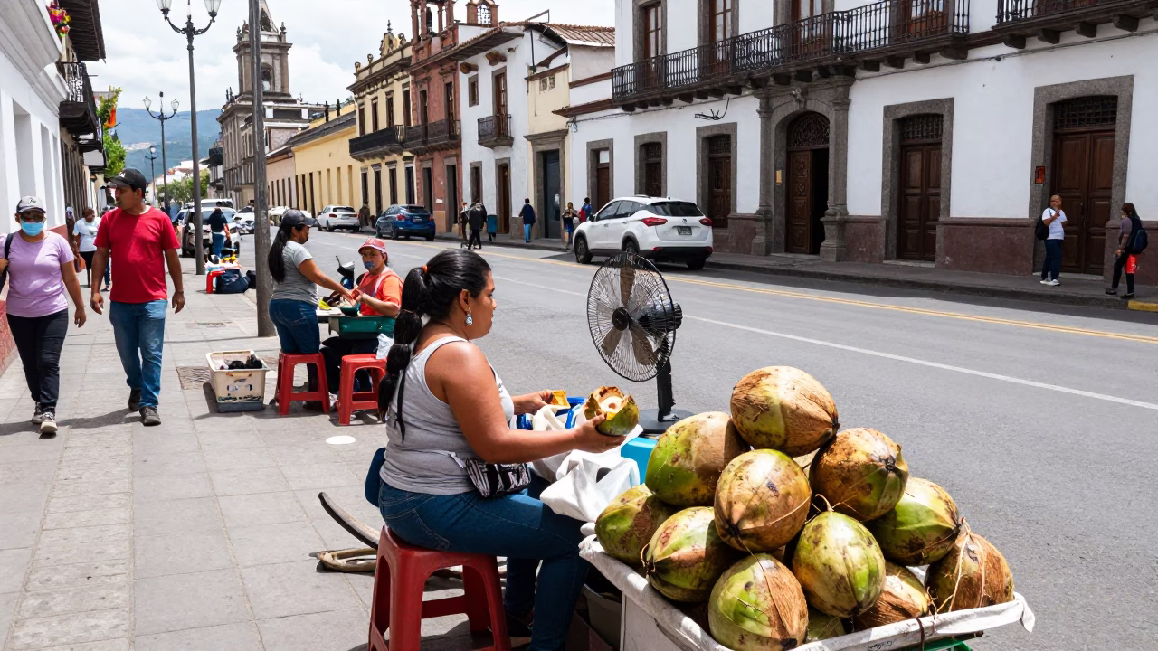 Busy Quito Ecuador Midday Street Scene with Table Fans and Local Commerce in in Quito, Ecuador
