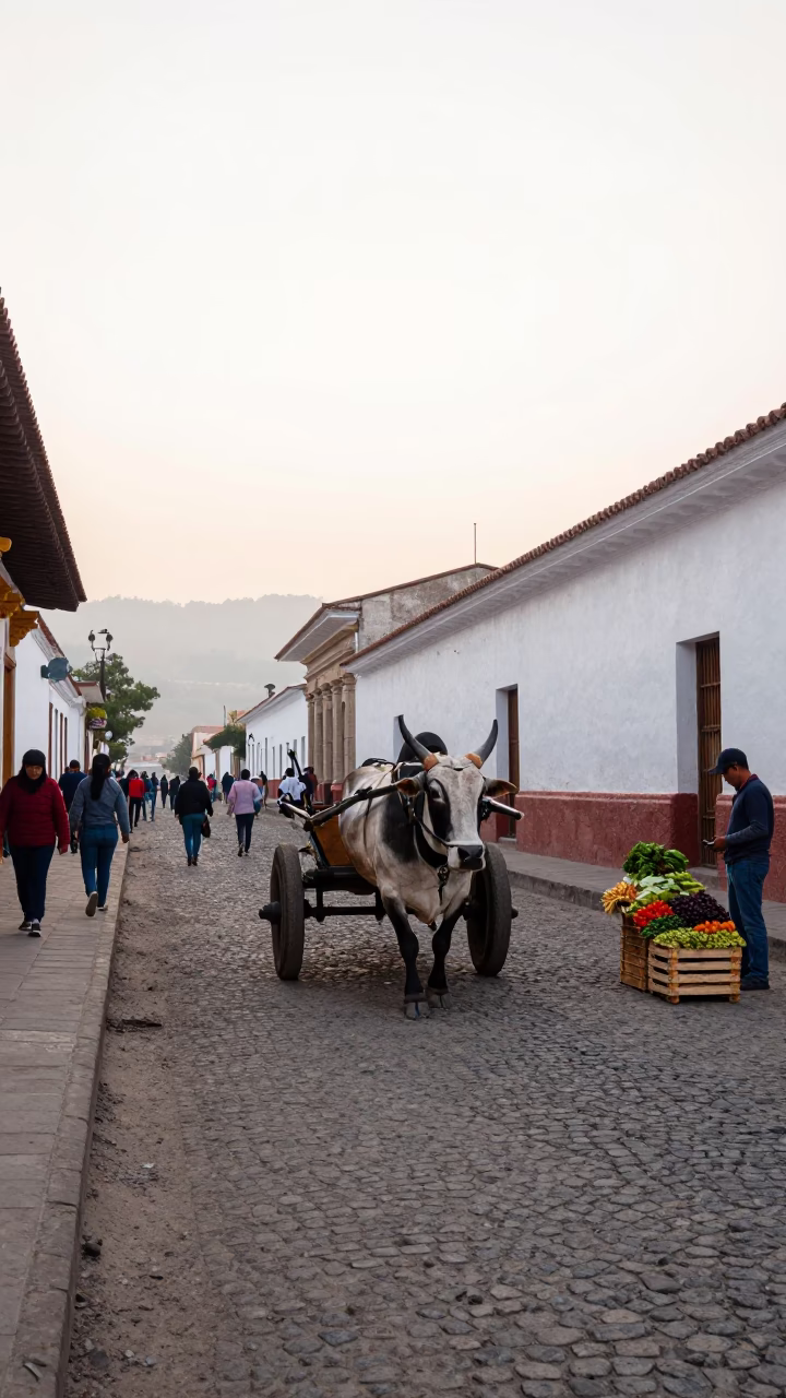 Busy Quito Ecuador Morning Street Scene With Ox Cart And Colonial Architecture in in Quito, Ecuador