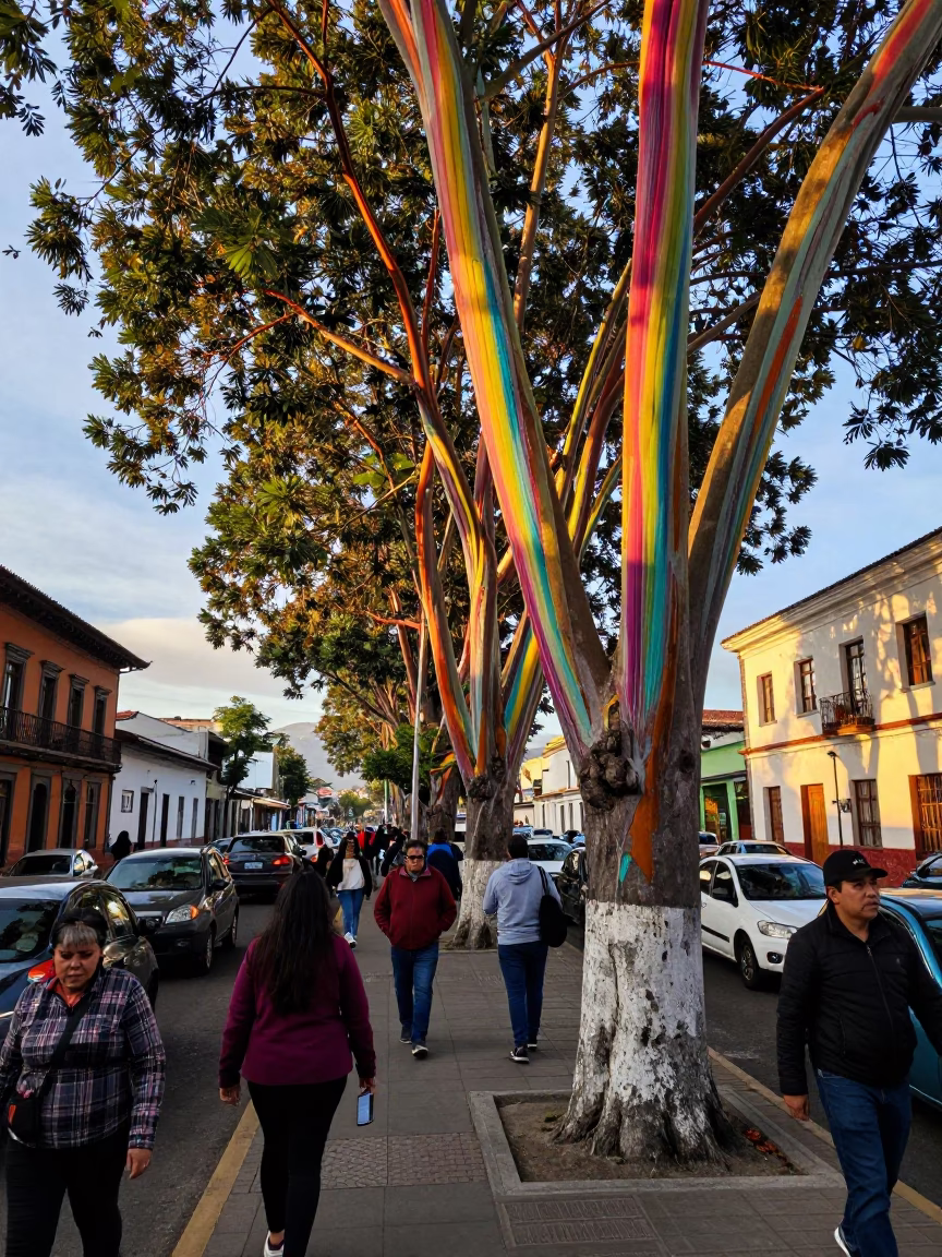 Busy Quito Ecuador Morning Traffic Rainbow Eucalyptus Trees and Urban Commuters in in Quito, Ecuador