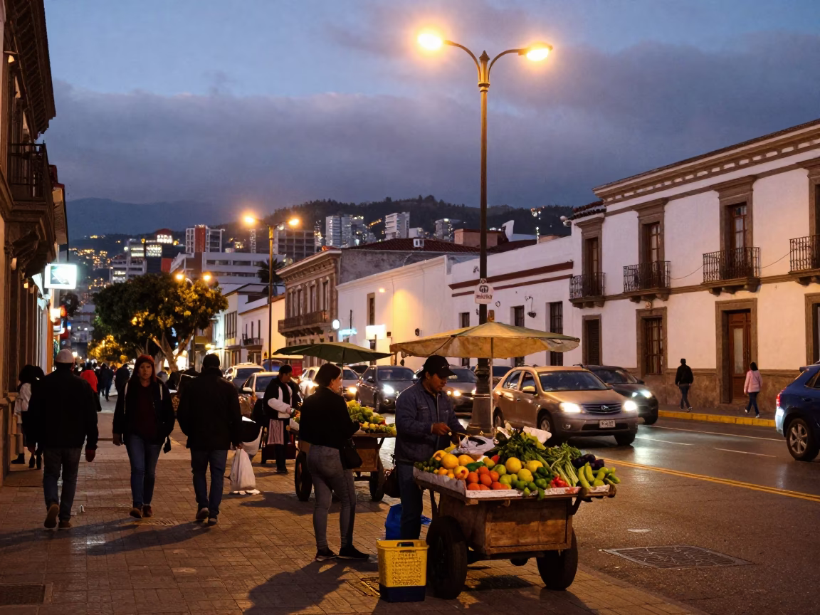 Busy Quito Ecuador Street Scene at Dusk with City Lights and Local Market Activity in in Quito, Ecuador
