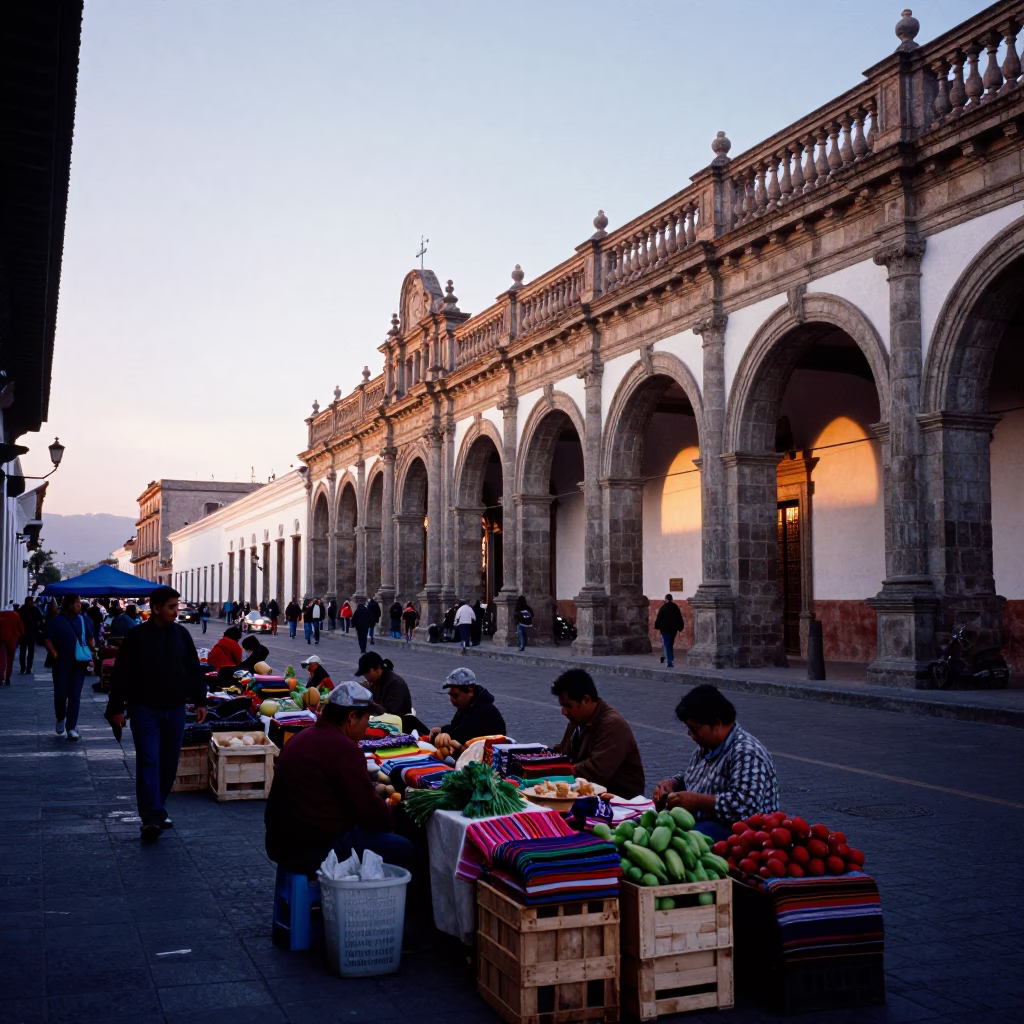 Busy Quito Ecuador Street Scene Before Sunrise with Local Market Activity and Traditional Architecture in in Quito, Ecuador
