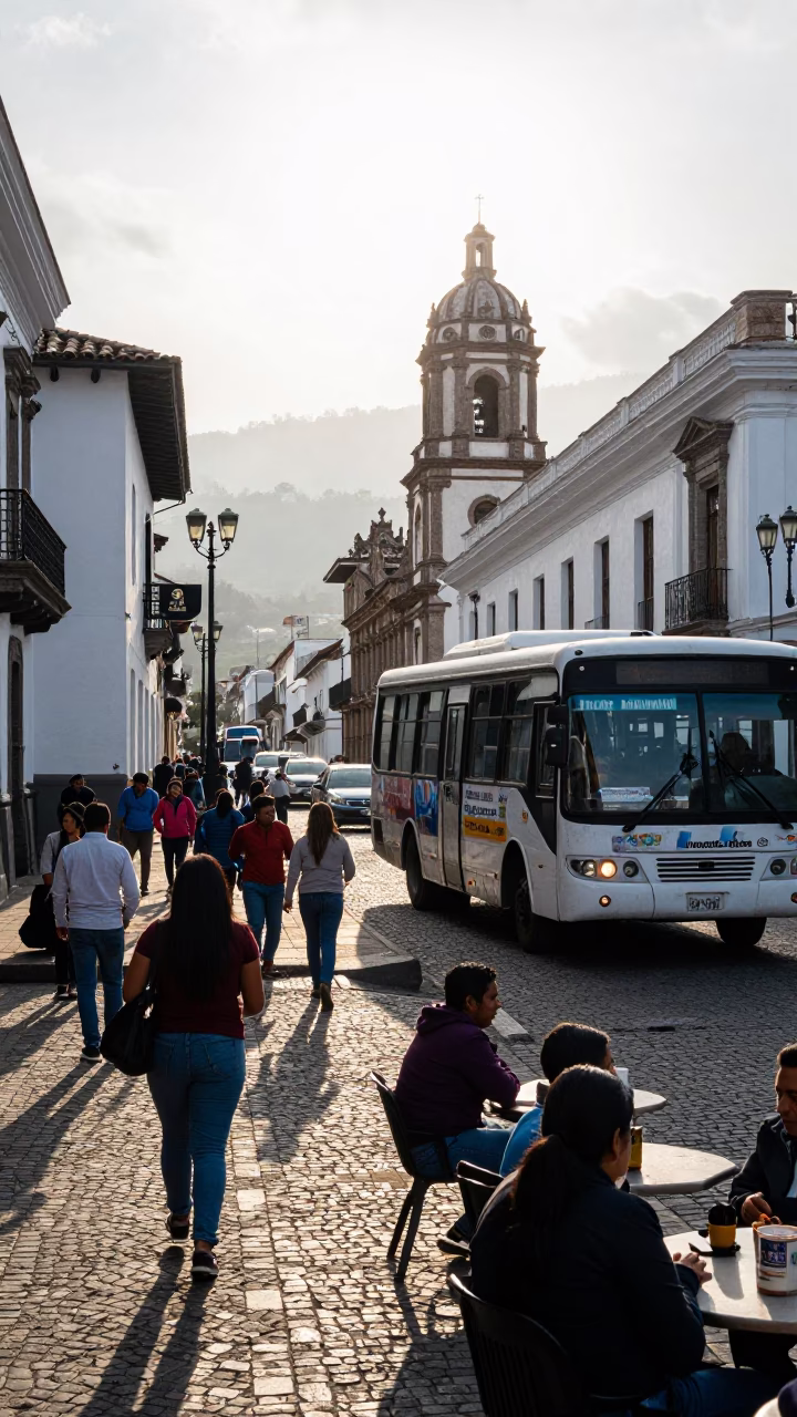 Busy Quito Ecuador Street Scene Early Afternoon with Local Life and Architecture in in Quito, Ecuador