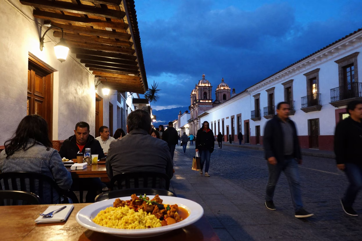 Busy Quito Ecuador Street Scene in Indigo Twilight with Traditional Aji de Gallina in in Quito, Ecuador
