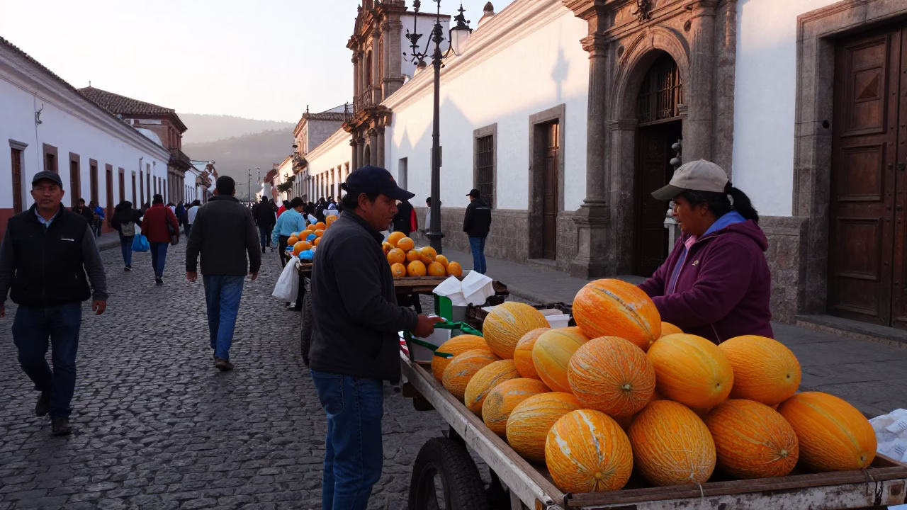 Busy Quito Ecuador Street Scene Just After Sunrise With Local Market Activity in in Quito, Ecuador