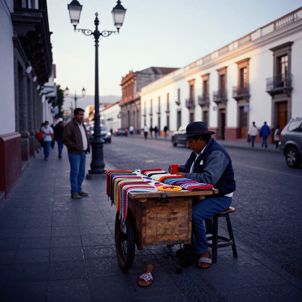 Busy Quito Ecuador Street Scene Late Afternoon with Beaded Sandals and Local Commerce in in Quito, Ecuador