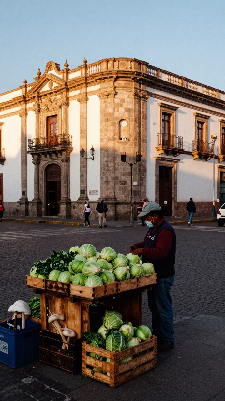 Busy Quito Ecuador Street Scene Late Afternoon with Darning Mushroom and Cabbages in in Quito, Ecuador