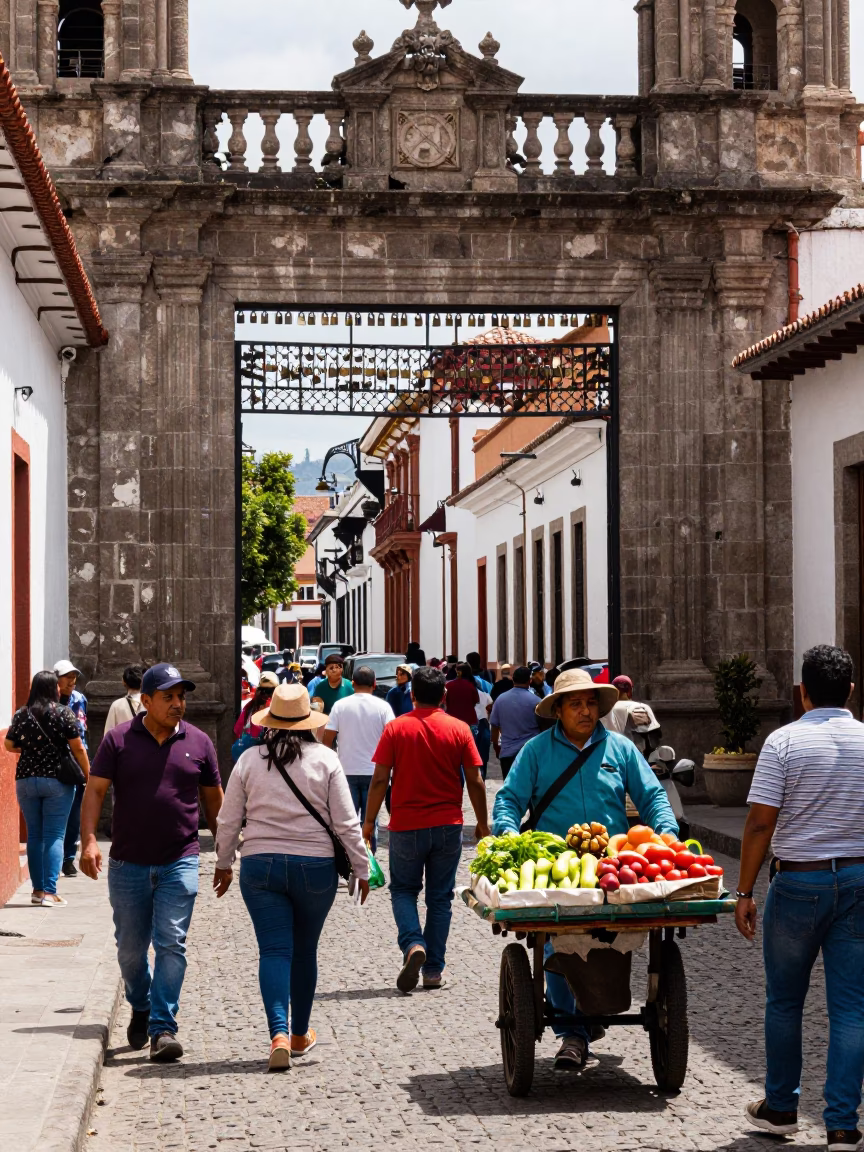 Busy Quito Ecuador Street Scene Midday with Padlock Decorated Gate and Local Pedestrians in in Quito, Ecuador