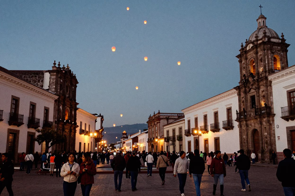Busy Quito Ecuador Street Scene with Lanterns and Local Life in in Quito, Ecuador
