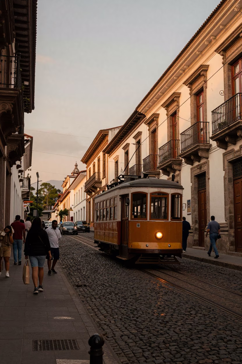 Busy Quito Ecuador Street Scene with Tram on Steep Hill in Honeyed Evening Light in in Quito, Ecuador