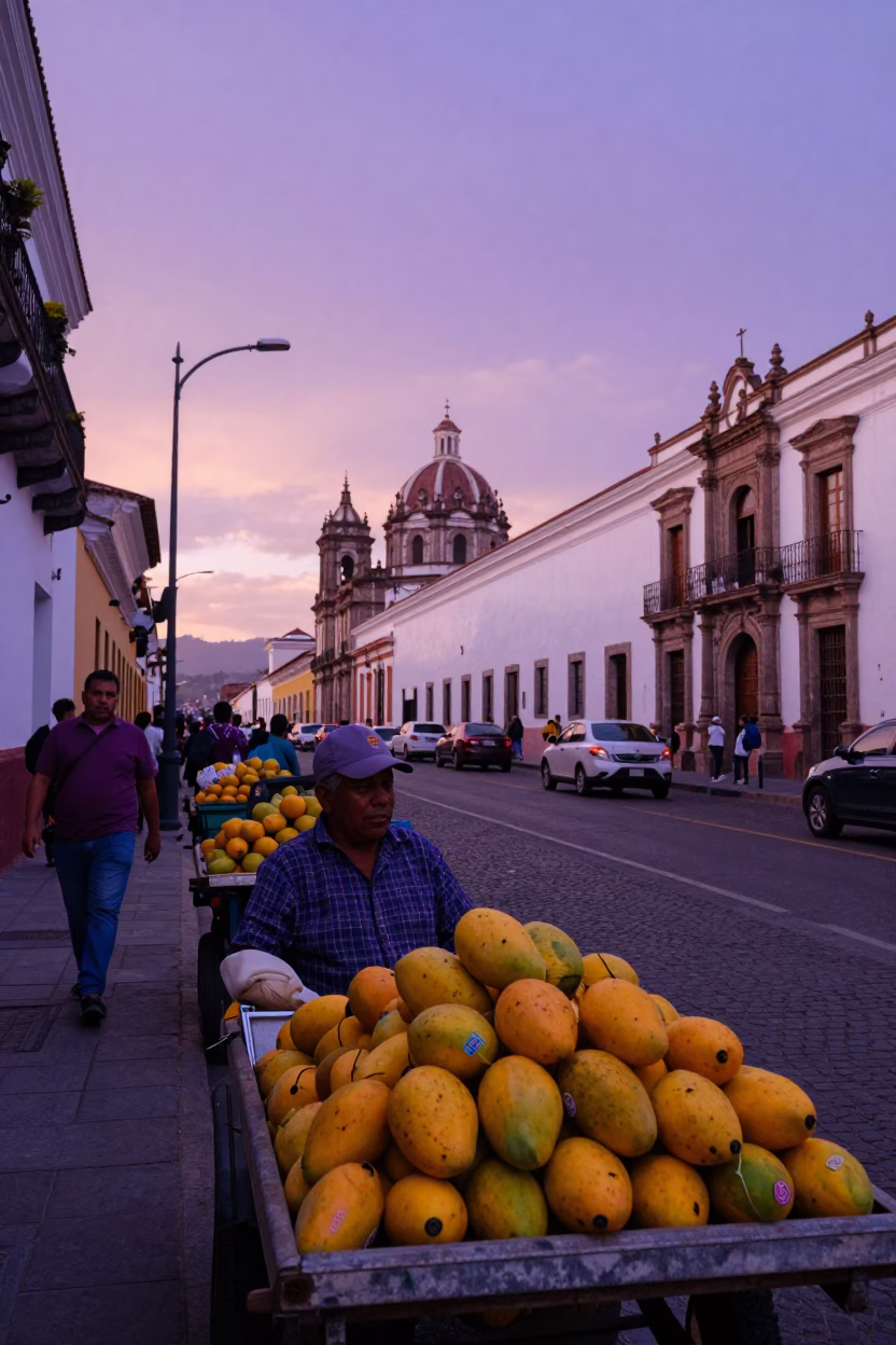 Busy Quito Ecuador Sunset Street Scene with Mangoes and Violet Sky in in Quito, Ecuador