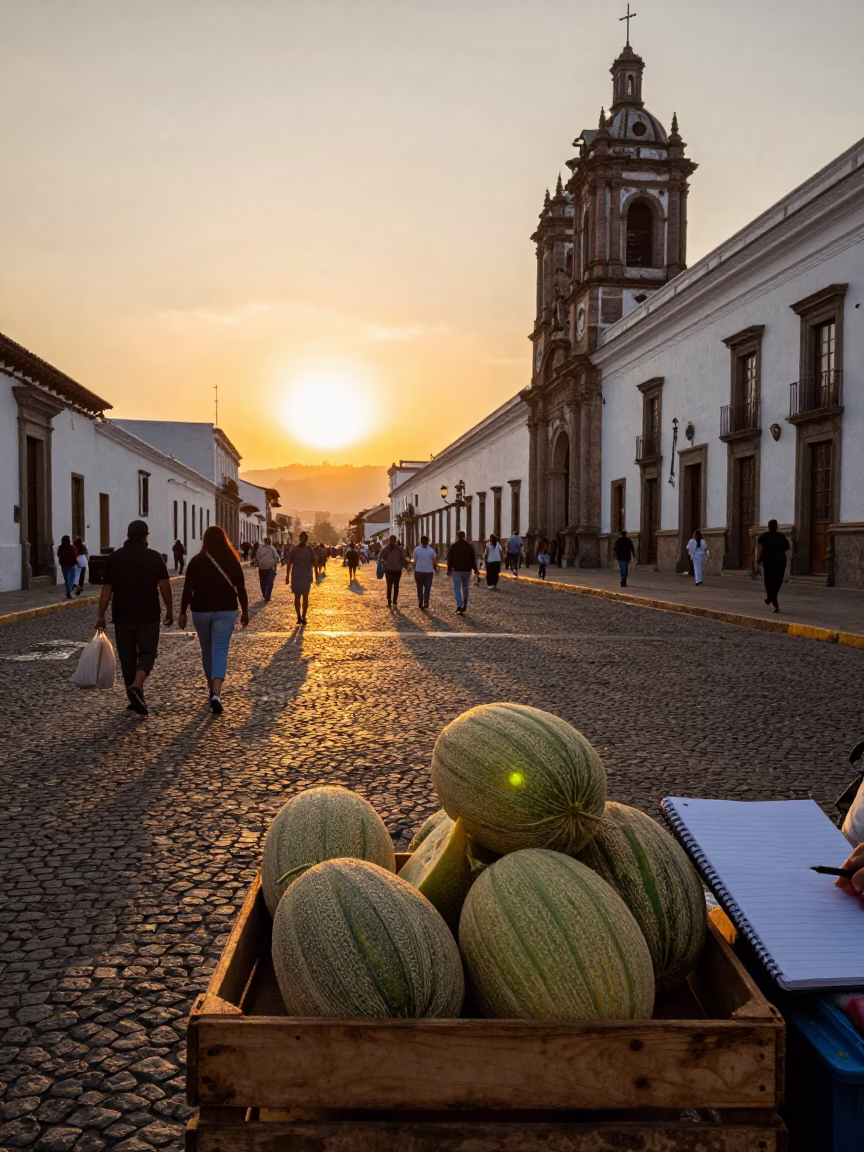 Busy Quito Ecuador Sunset Street Scene with Melons and Notebook in in Quito, Ecuador