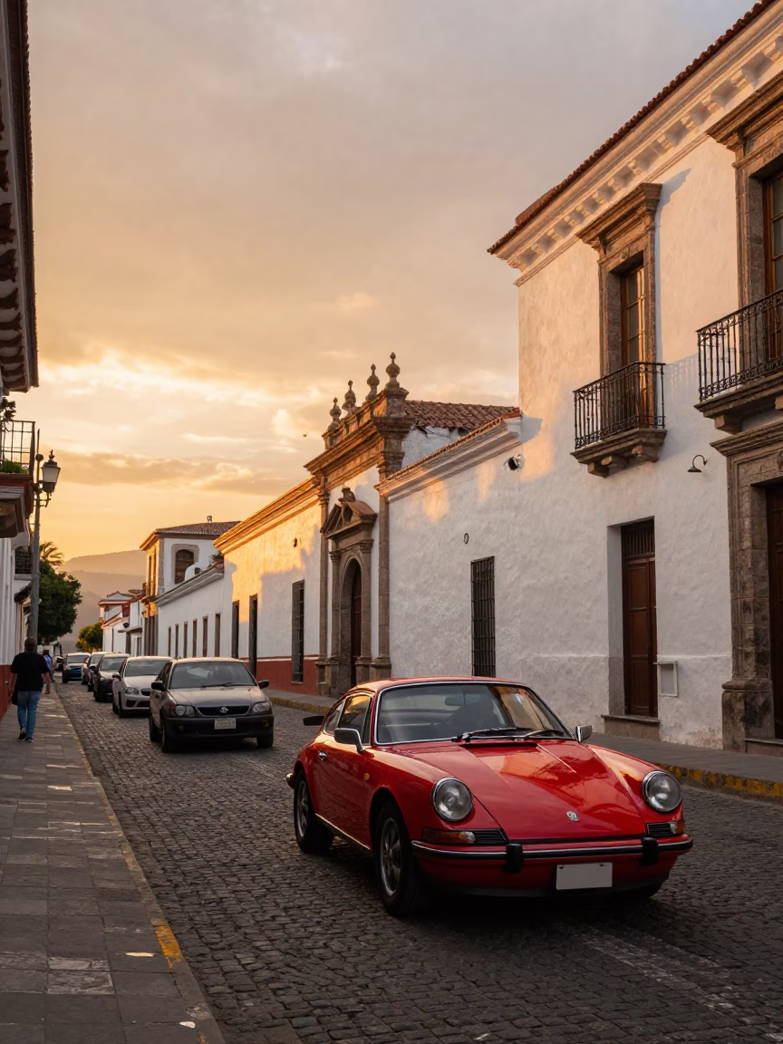 Busy Quito Ecuador Sunset Street Scene with Vintage Red Sports Car and Colonial Architecture in in Quito, Ecuador