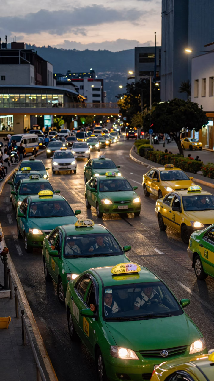 Busy Quito Ecuador Taxi Rank Outside Train Station Twilight City Lights in in Quito, Ecuador
