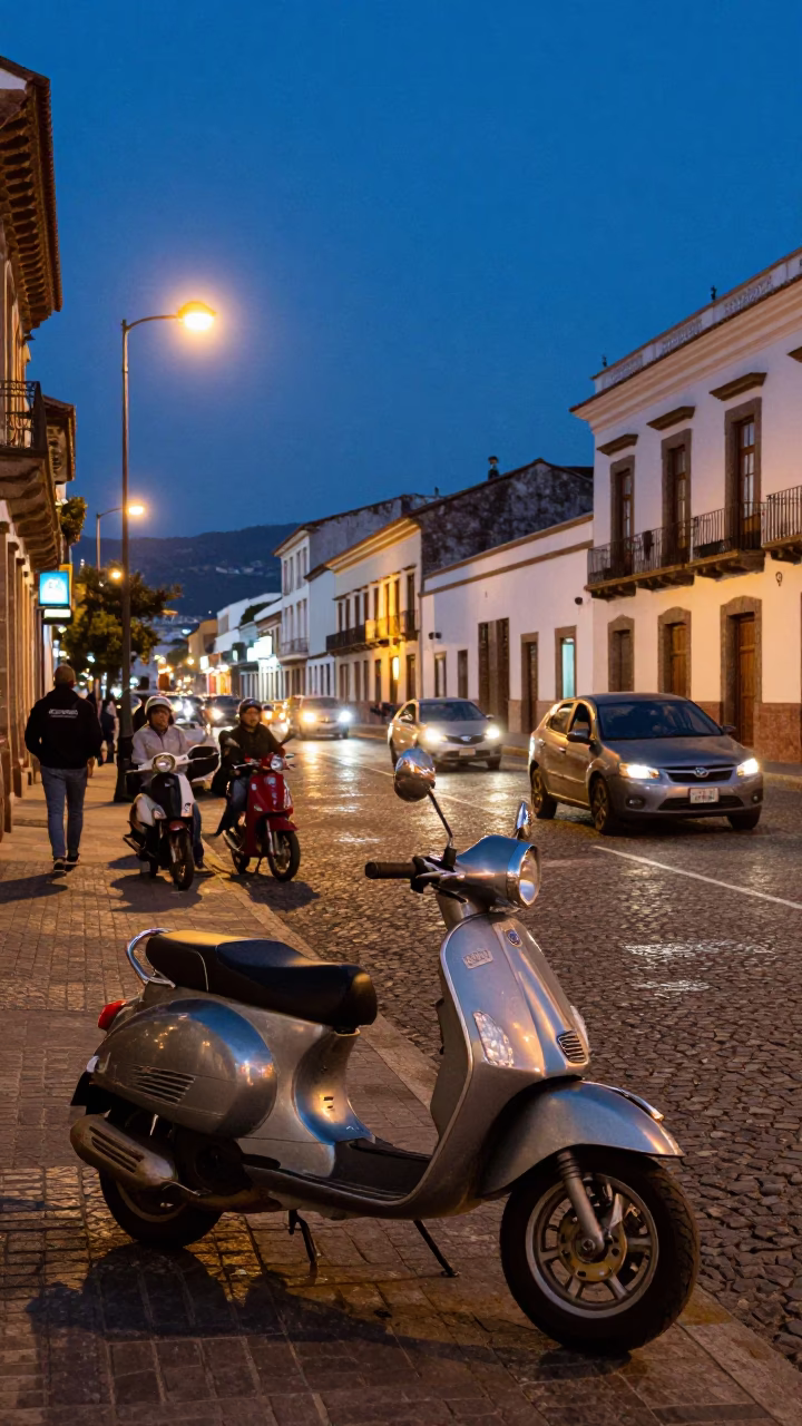 Busy Quito Ecuador Twilight Street Scene with Scooter and Local Market Activity in in Quito, Ecuador