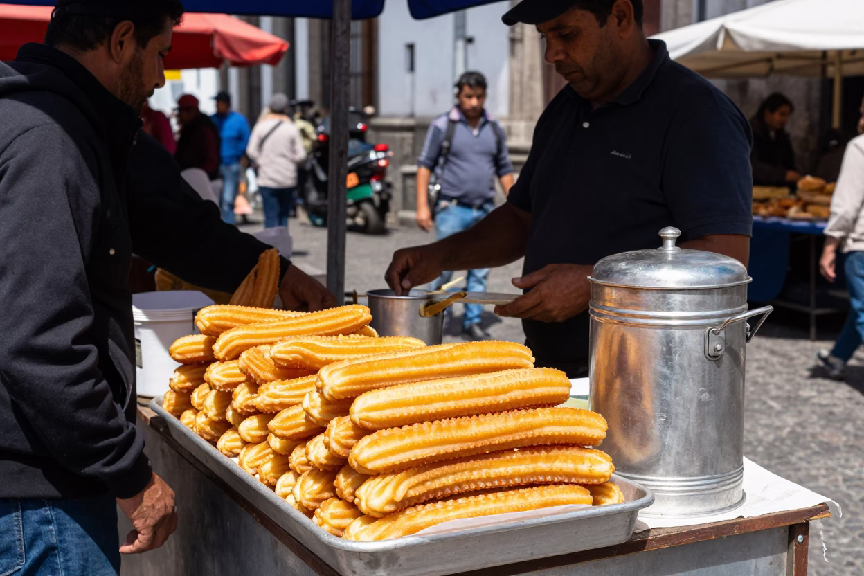 Busy Quito Market Stall with Spanish Churros and Tiffin Tin at Midday in in Quito, Ecuador