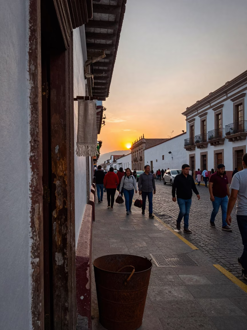 Busy Quito Street Corner at Dusk with Rusty Bucket and Linen Fringe Doorway in in Quito, Ecuador