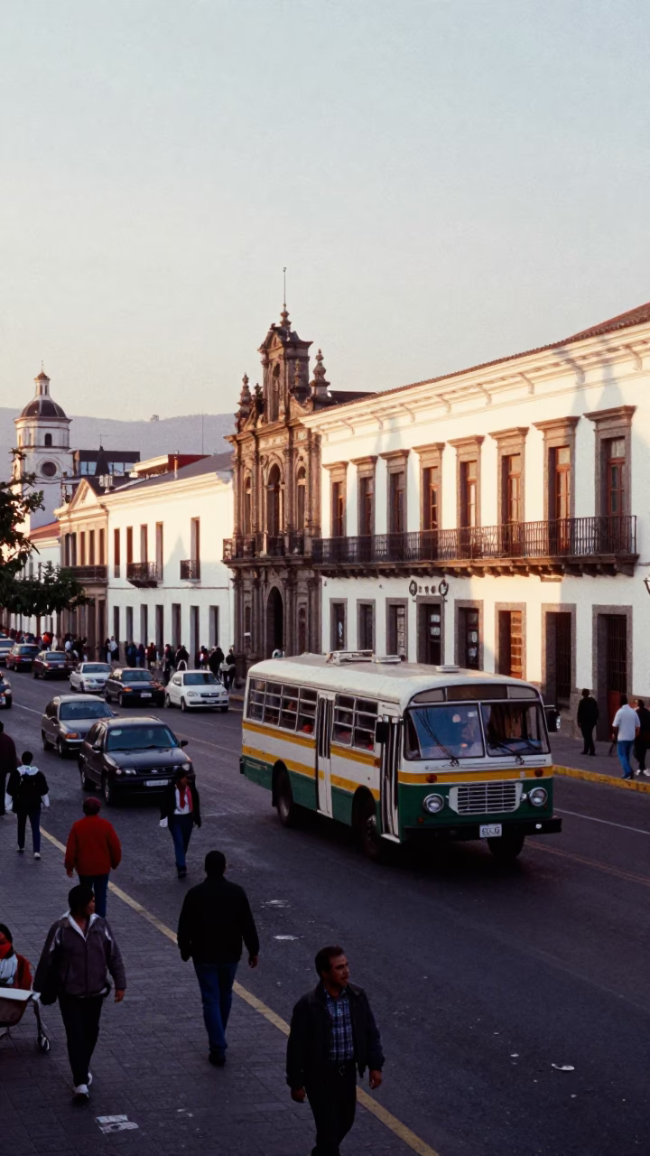 Busy Quito Street Corner Just After Sunrise with Vintage 1990s Atmosphere in in Quito, Ecuador