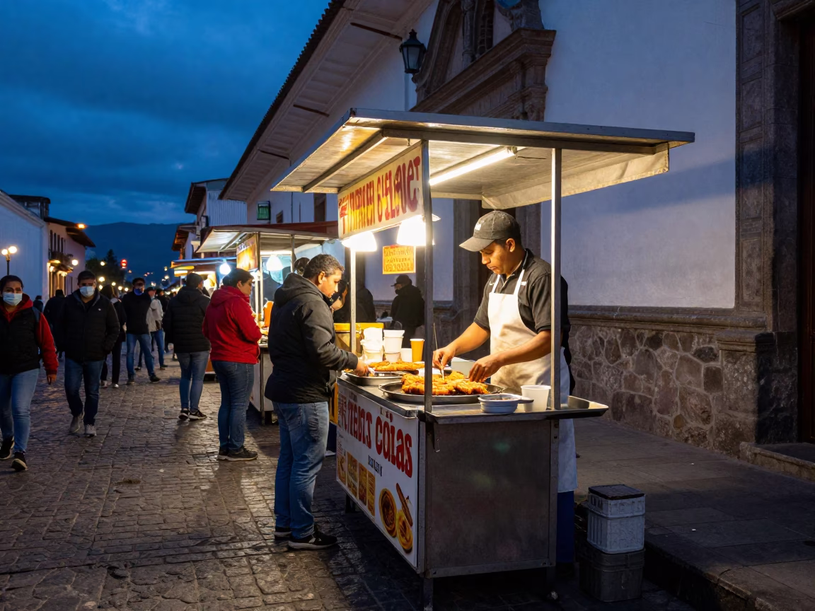 Busy Quito Street Food Stall at Blue Hour with Wiener Schnitzel and Potato Salad in in Quito, Ecuador