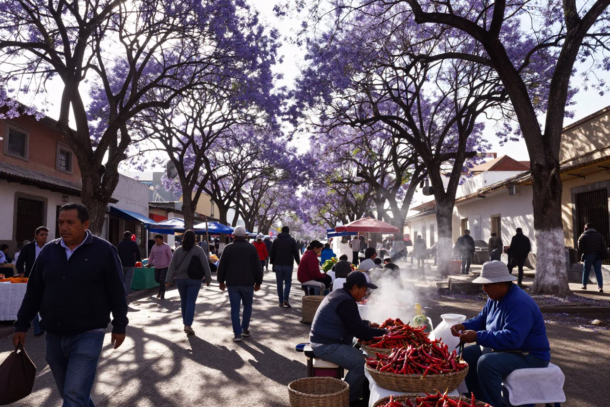Busy Quito Street Market Morning with Purple Jacaranda Blooms and Local Commerce in in Quito, Ecuador
